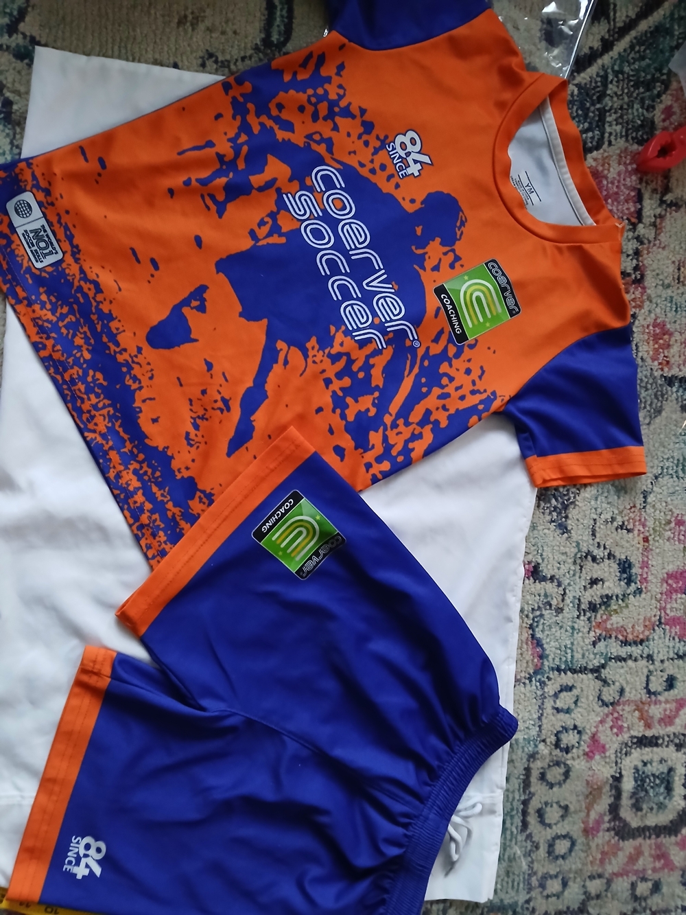 Coerver Soccer Boys YM 2-Piece Soccer Set  T-Shirt & Shorts Orange/Blue